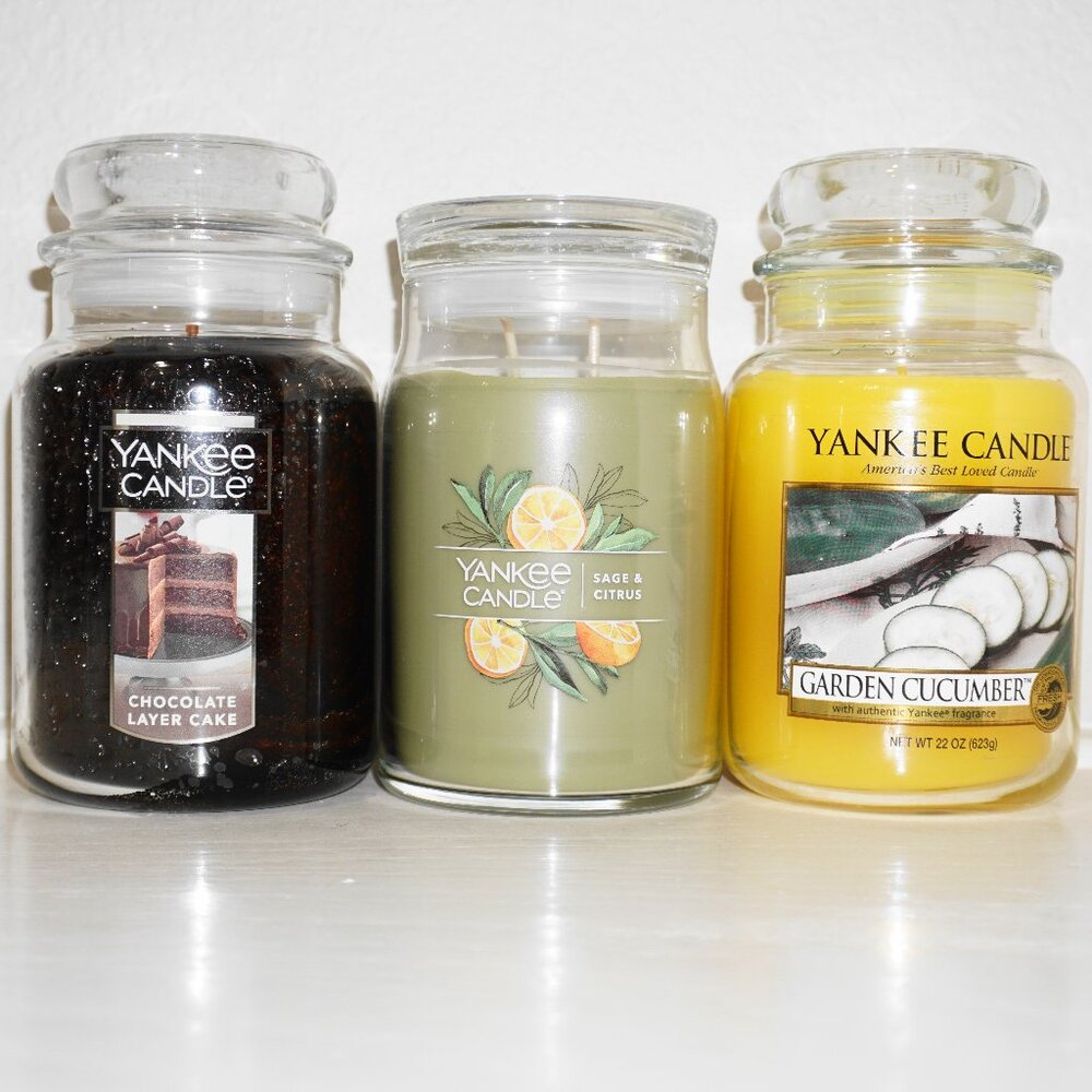 Yankee Candle lot (3) Chocolate Layer Cake, Sage & Citrus, Garden Cucumber